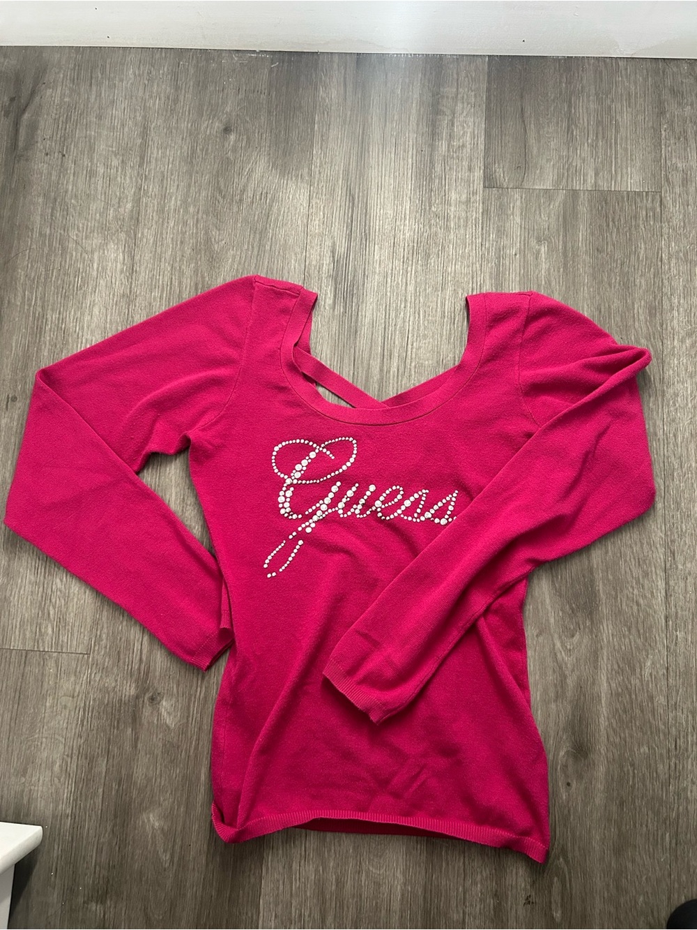 Guess vintage Y2K womans Hot Pink Rhinestone Logo Long Sleeve Top